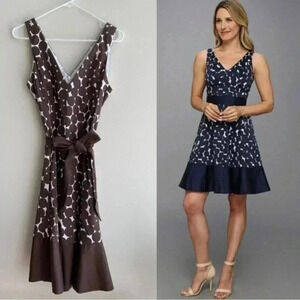 Nine West Brown and White Polka Dot Fit & Flare Dress, Belted Dress, Size 12